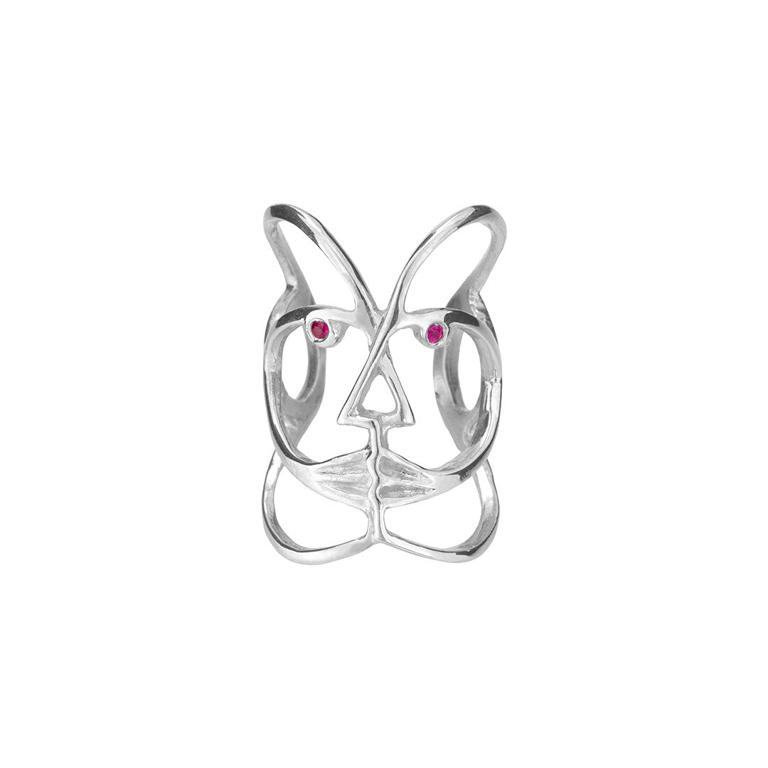 Sterling silver ring with an abstract face adorned with rubies