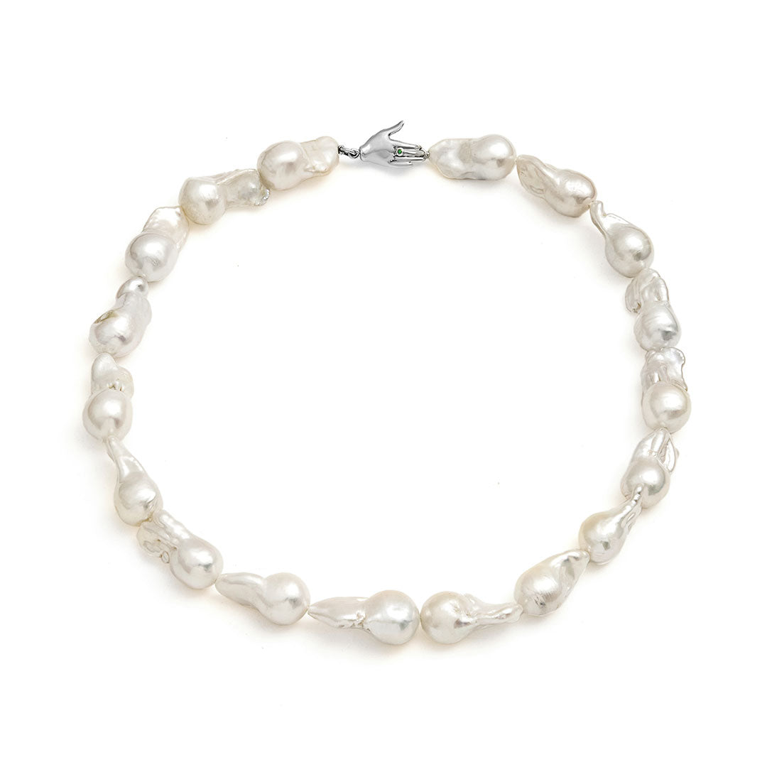 Paola Vilas necklace with baroque pearls and sterling silver hand with emerald