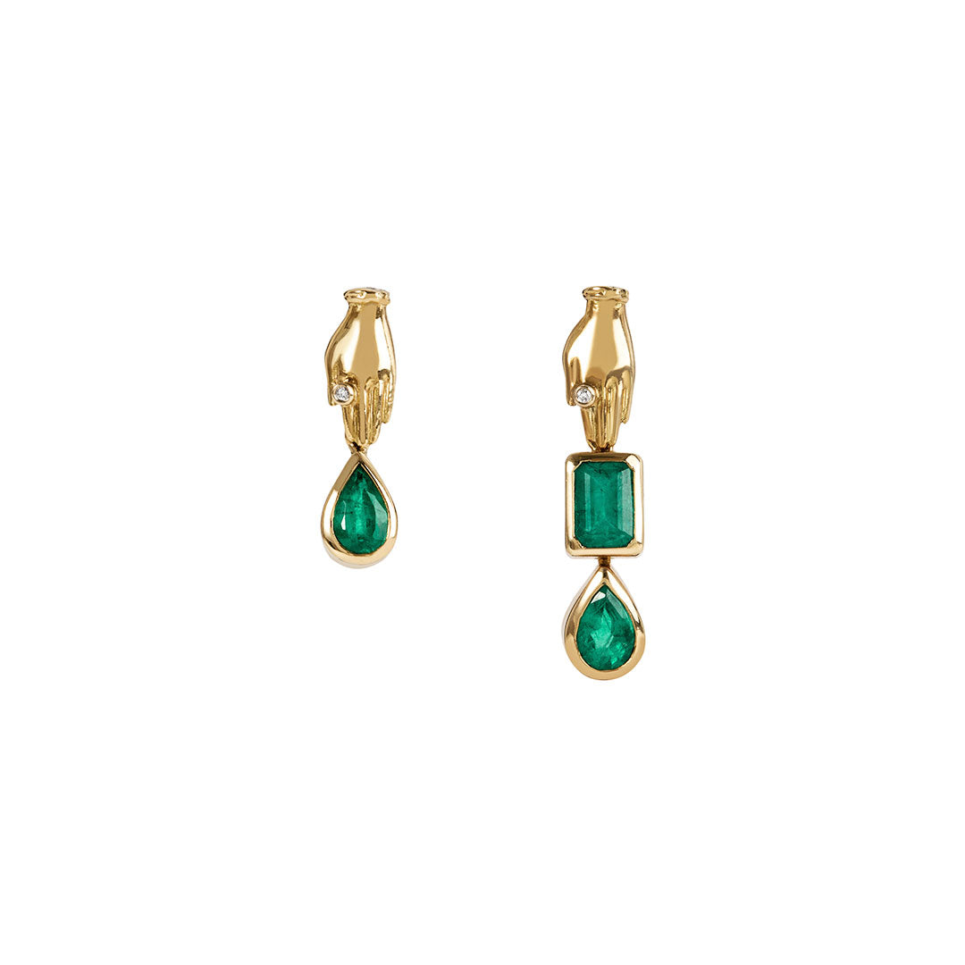 Paola Vilas asymmetrical 18k gold earrings of hands adorned with emeralds and diamonds