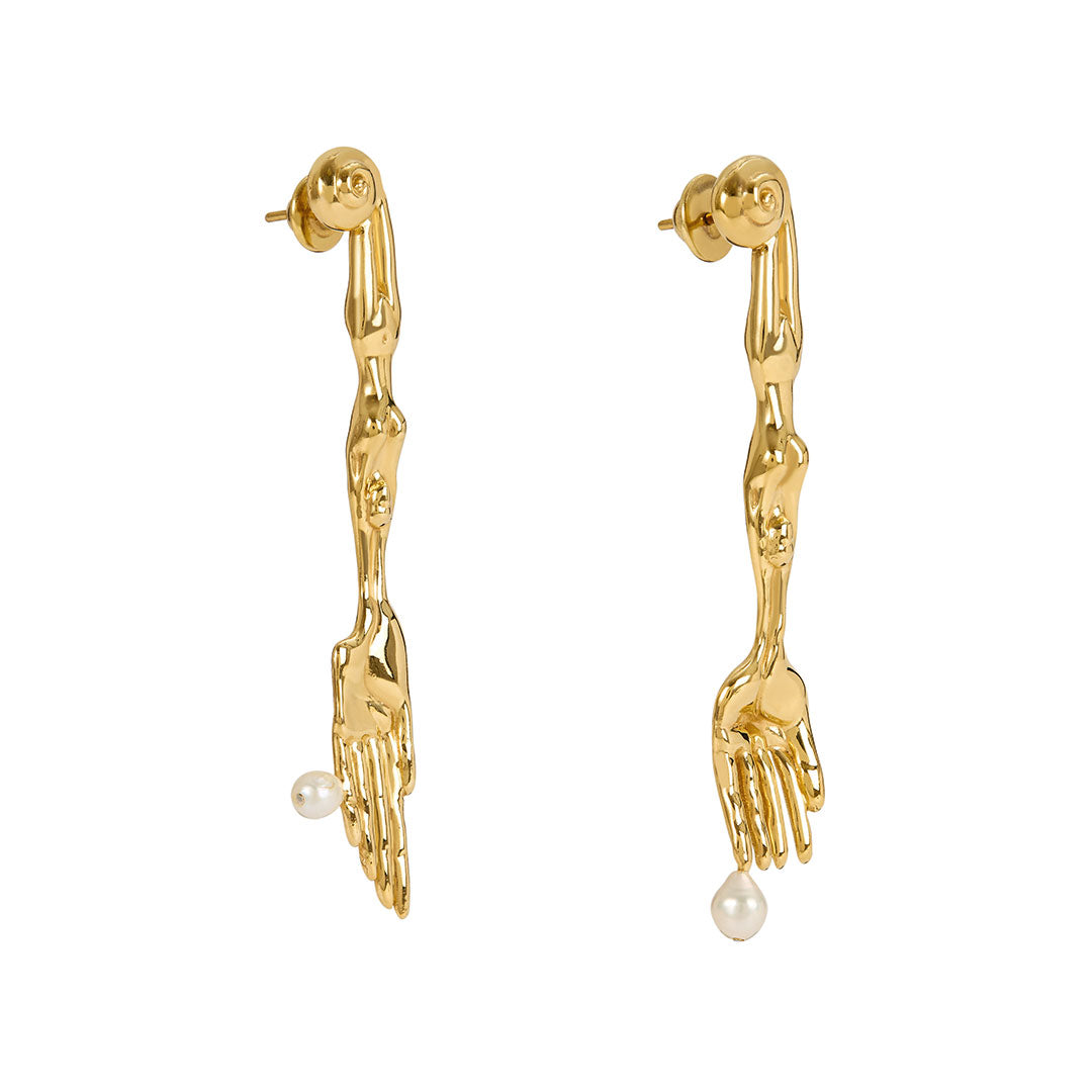 Paola Vilas surrealist fork and knife earring in sterling silver with 18k gold plating and natural pearls