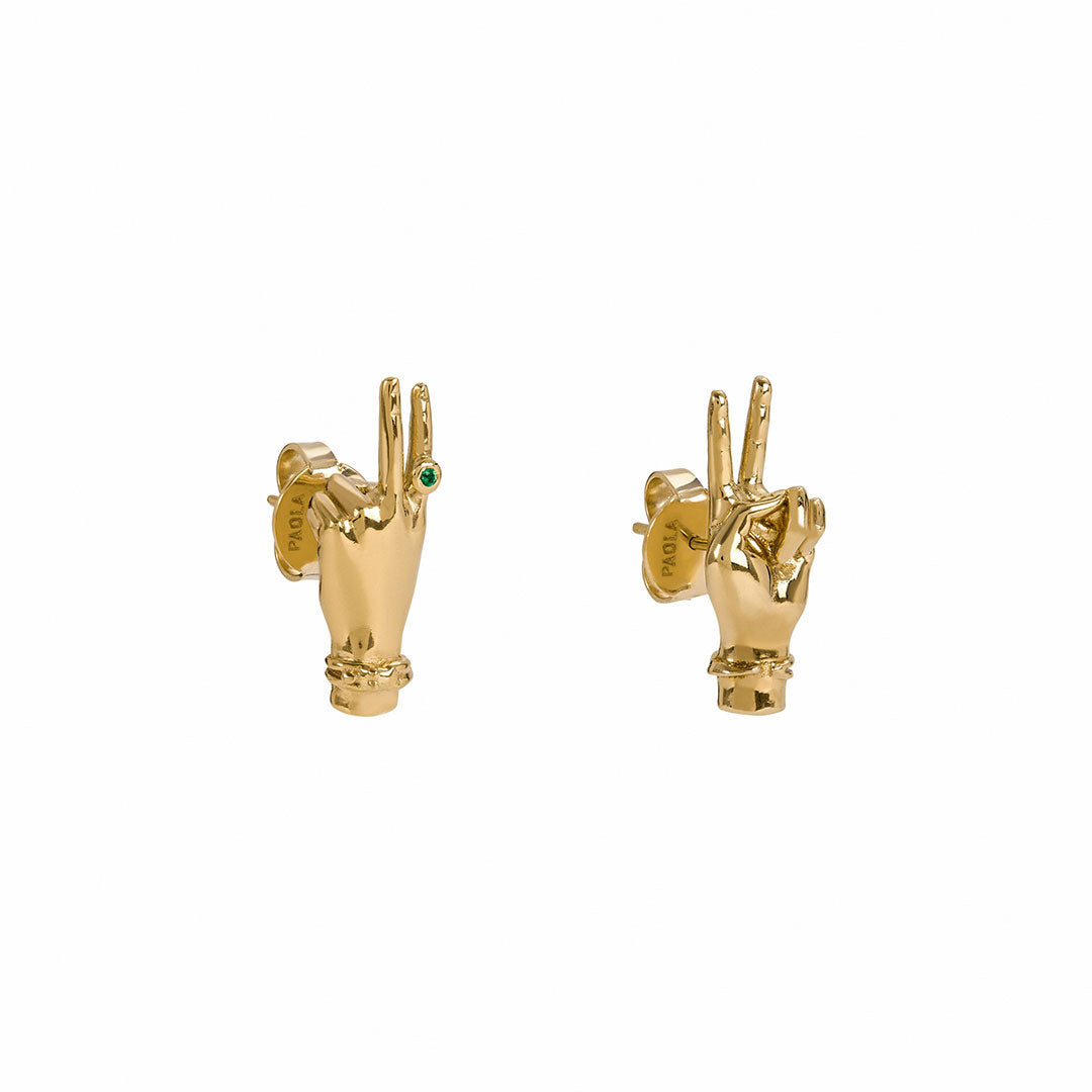 Sterling silver earrings with 18k gold plating and emerald featuring hands in peace sign