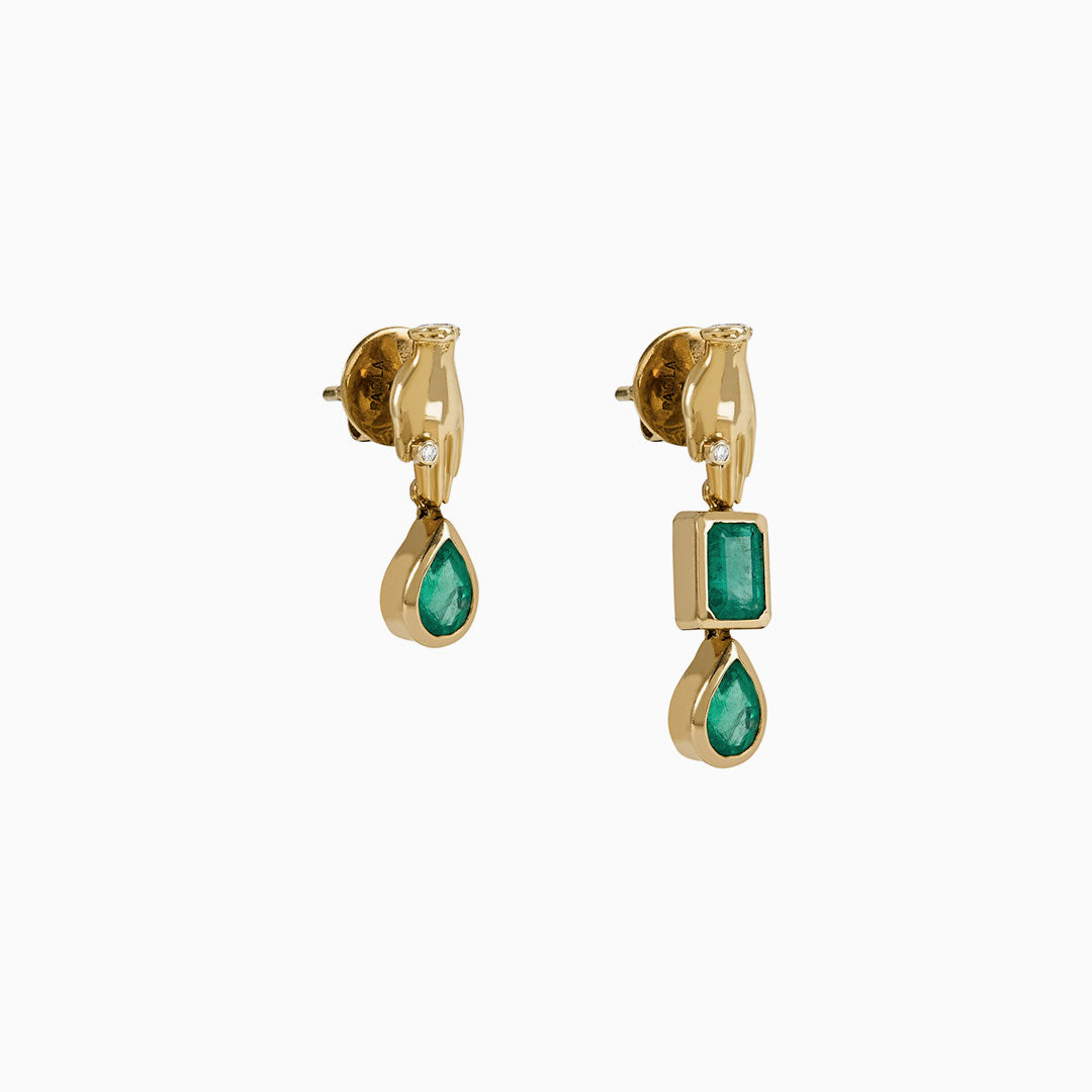 Paola Vilas 18k gold hand earrings with emeralds and diamonds
