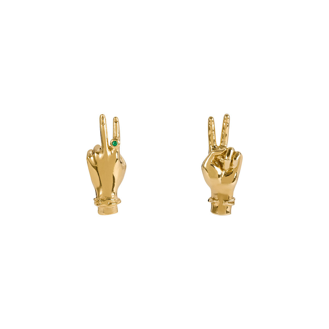 Paola Vilas hand-shaped earrings with peace sign in 18k gold-plated sterling silver and emerald