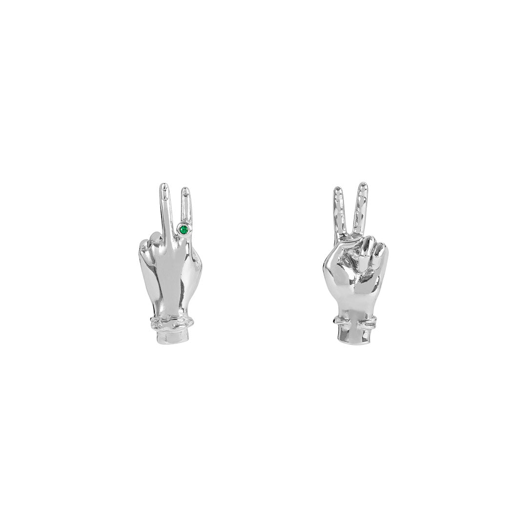 Paola Vilas hand-shaped earrings with peace sign in sterling silver and emerald
