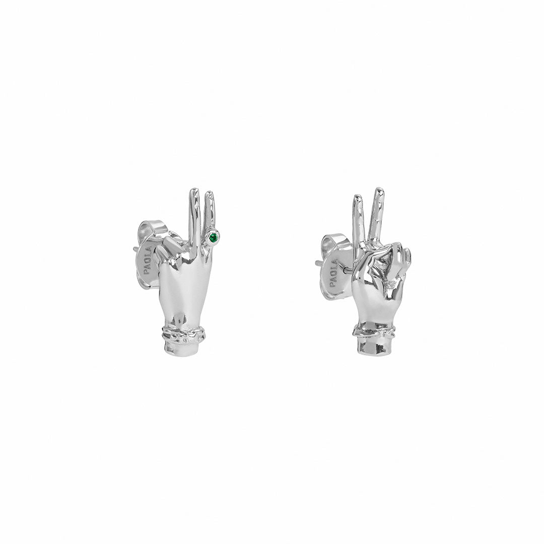 Sterling silver and emerald earrings of hands in peace sign