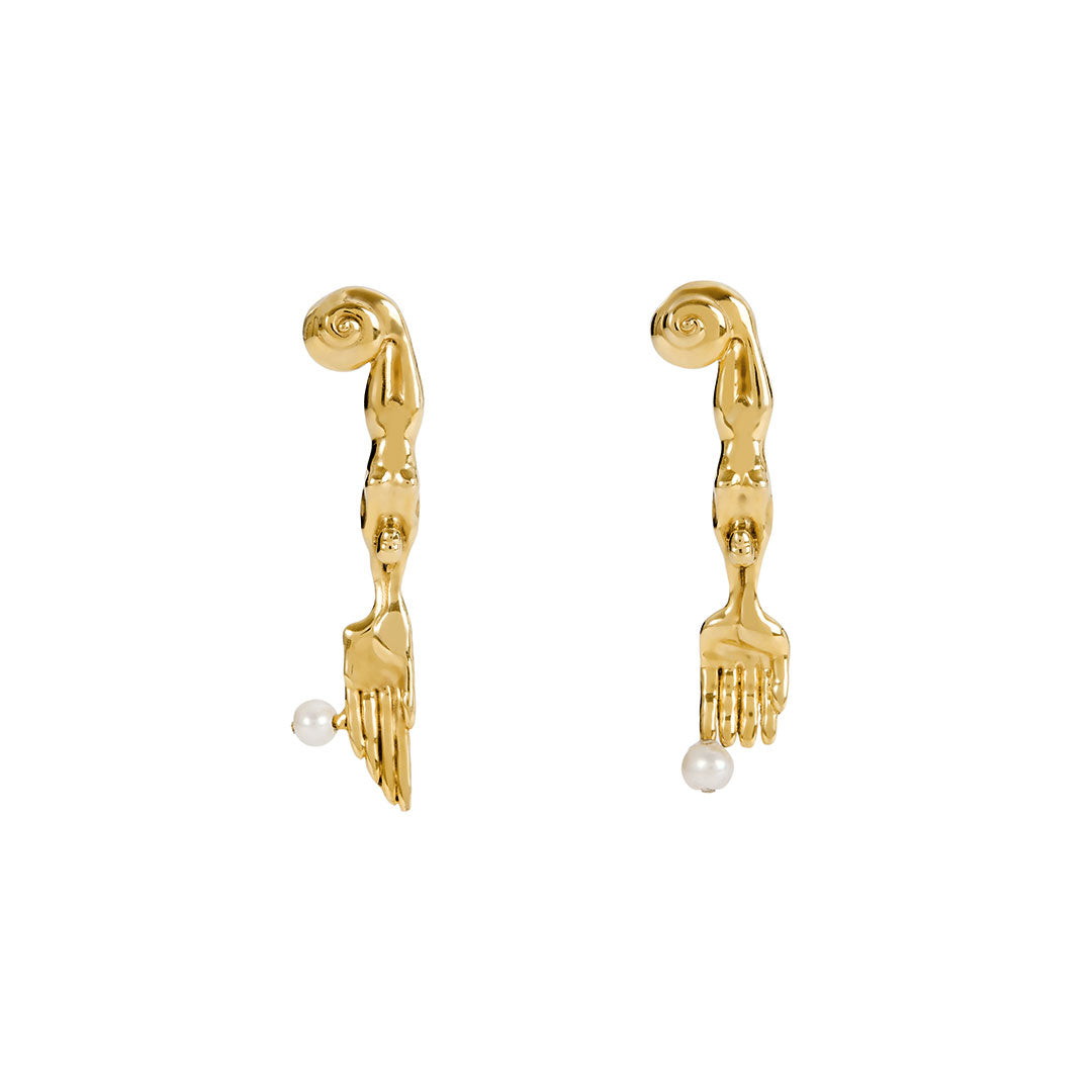 Paola Vilas 18k gold-plated sterling silver earring featuring mini surrealist fork and knife with natural pearls