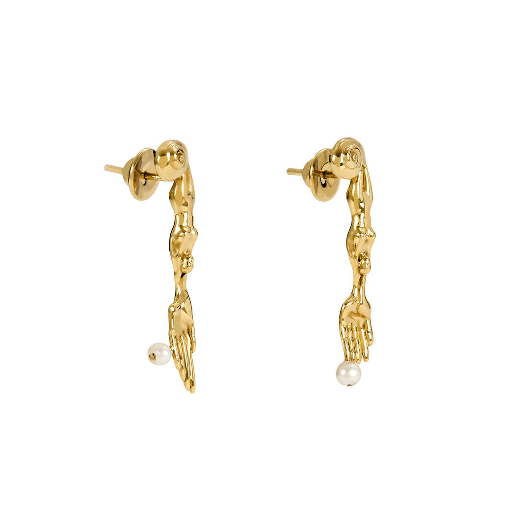 Paola Vilas mini surrealist fork and knife earring in 18k gold-plated sterling silver with natural pearls