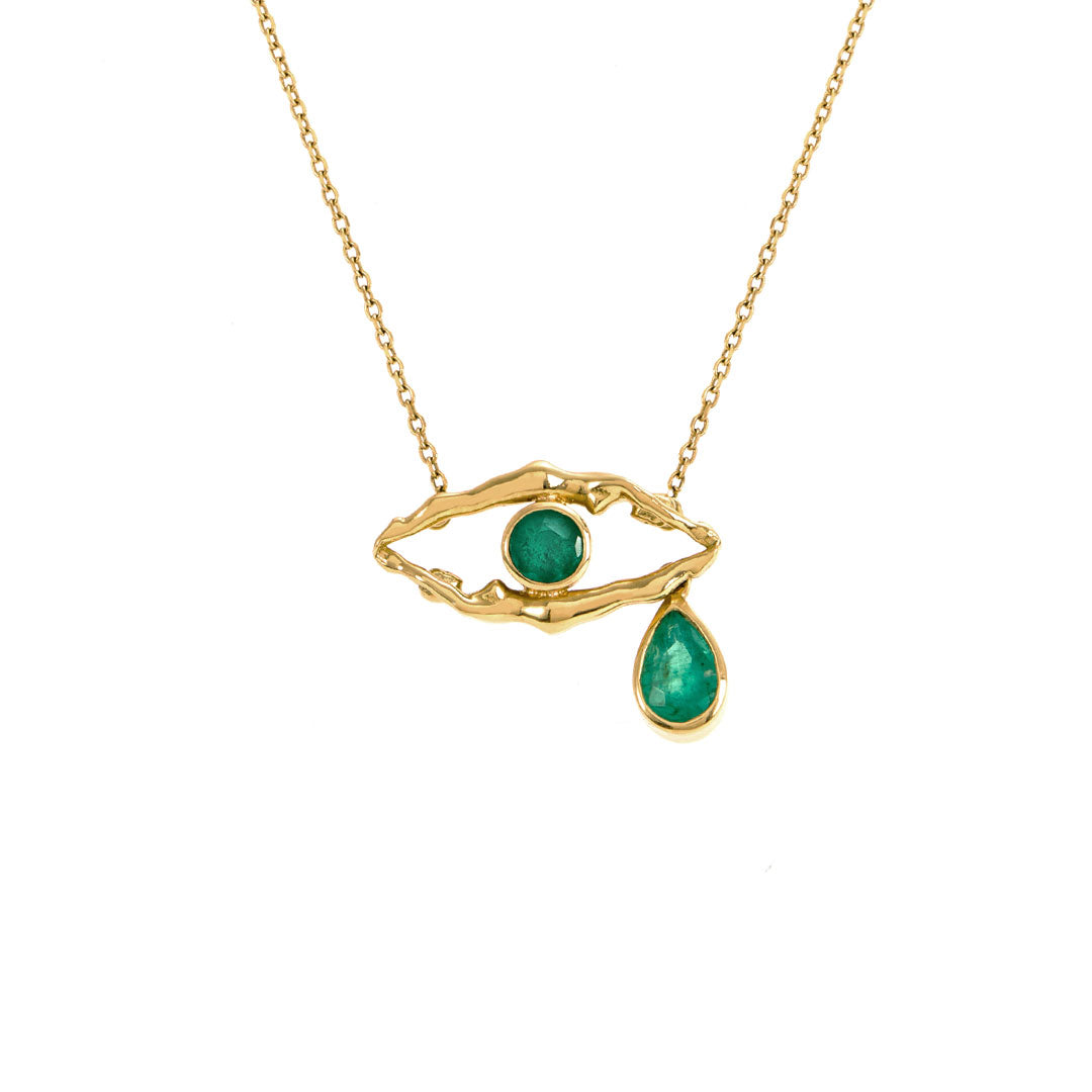 Paola Vilas 18k gold necklace of eye and bodies adorned with emeralds