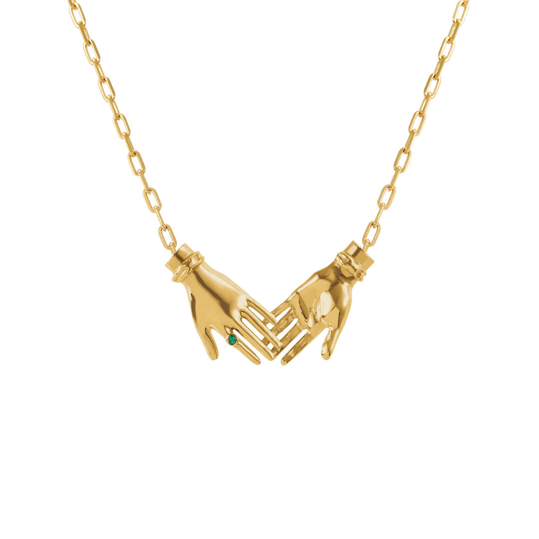 Paola Vilas joined hands necklace in sterling silver with 18k gold plating and emerald