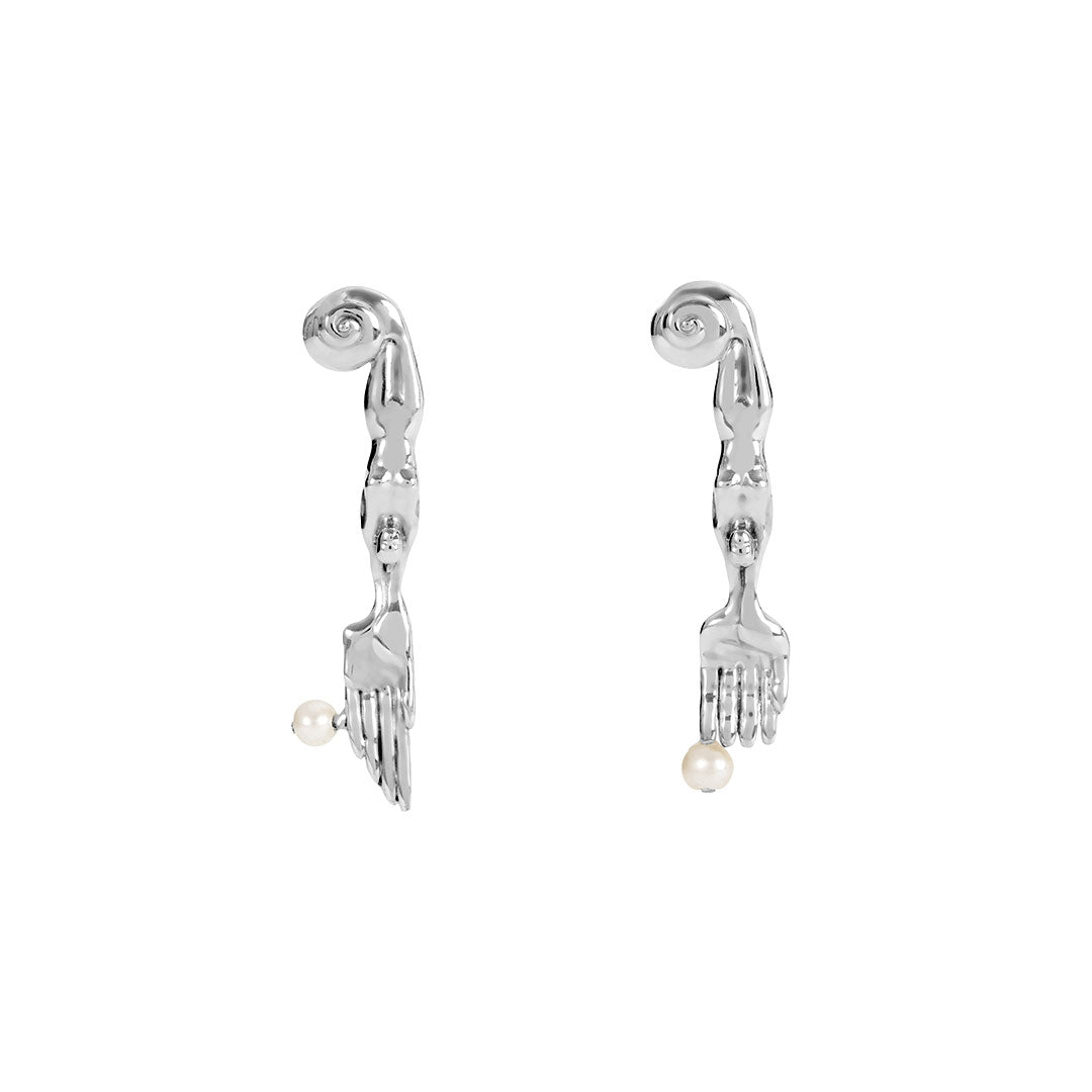 Paola Vilas mini surrealist fork and knife earring in sterling silver with natural pearls