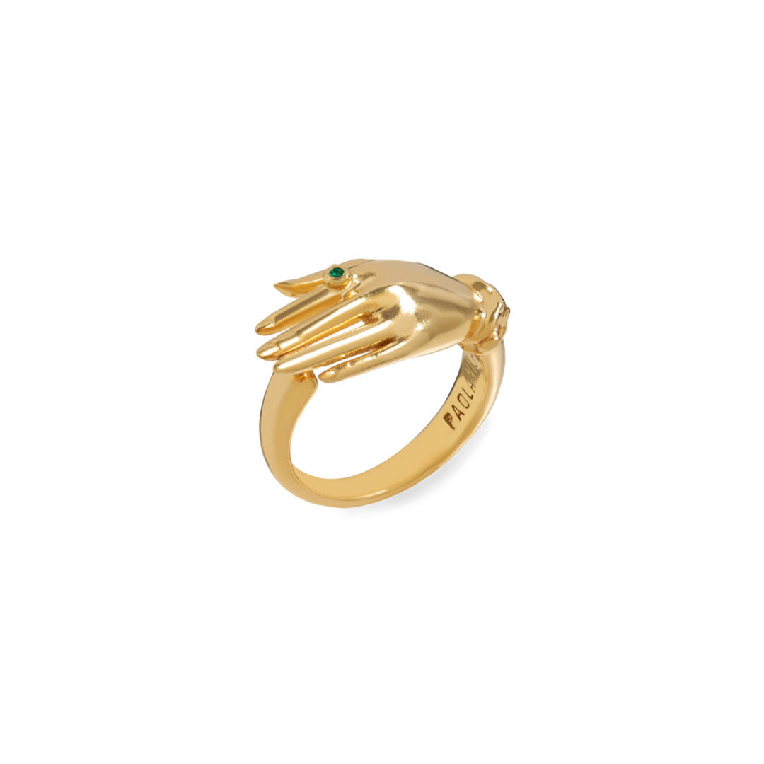 Paola Vilas hand ring in sterling silver with 18k gold plating and an emerald