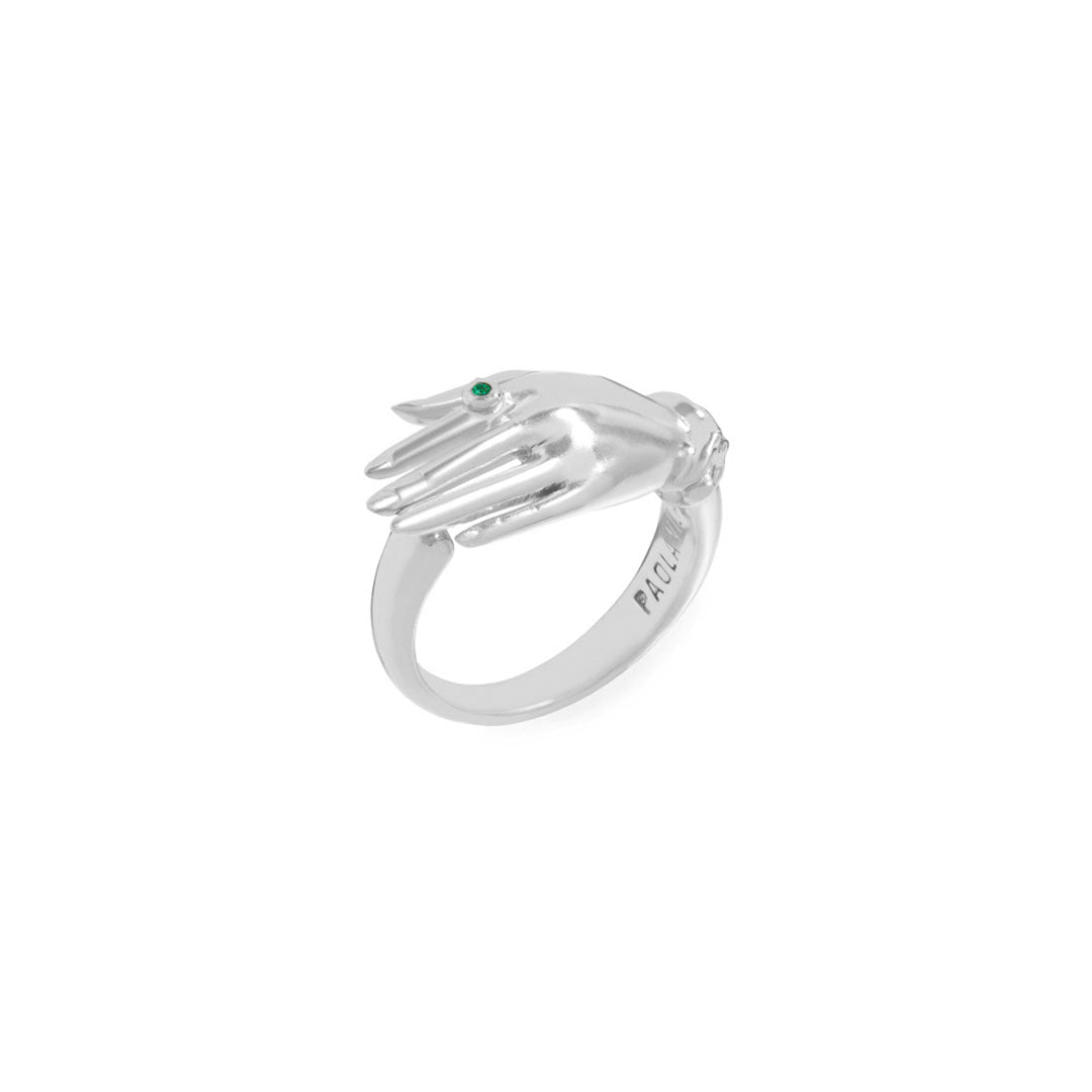 Paola Vilas hand ring in sterling silver with an emerald