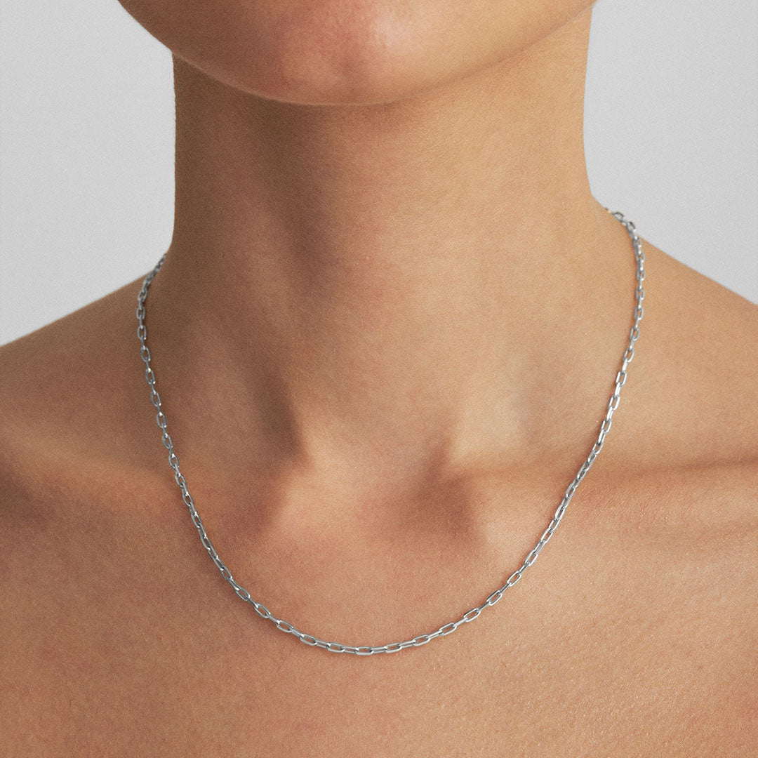 Model wearing 45cm Cartier chain in sterling silver