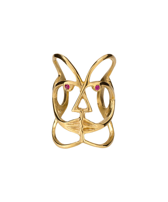 Sterling silver ring with 18k gold plating featuring an abstract face adorned with rubies