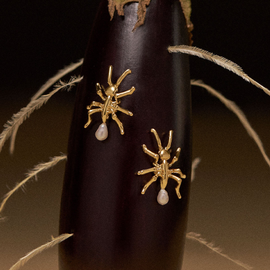 Surrealist ant earrings in sterling silver with 18k gold plating and pearls