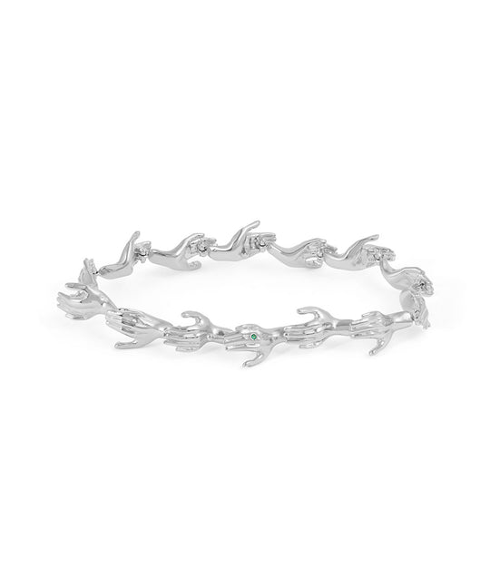 Paola Vilas bracelet in sterling silver featuring hand shapes in a chain adorned with emerald