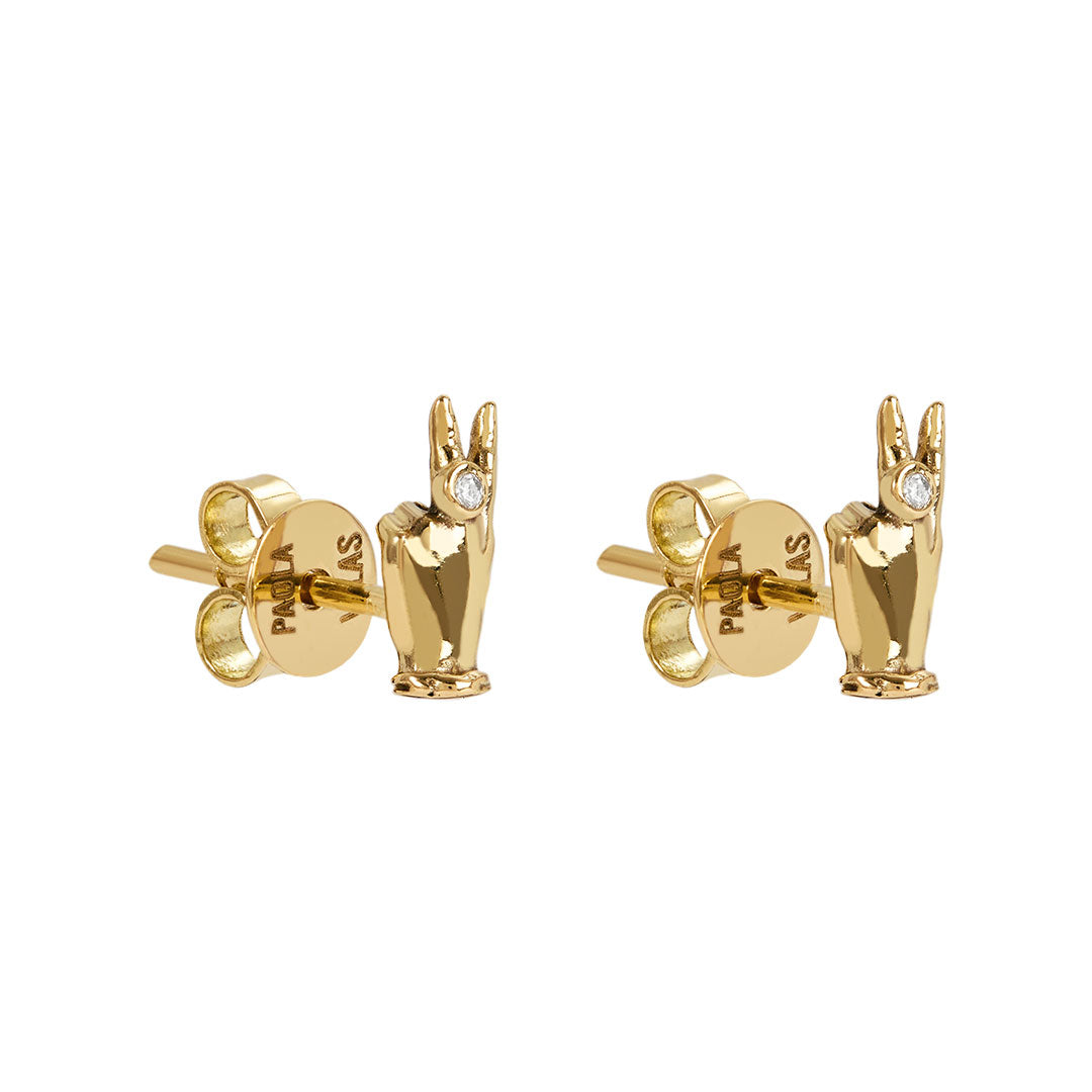 Paola Vilas earrings in 18k gold of mini hand in peace sign with diamonds