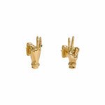 Sterling silver earrings with 18k gold plating and emerald featuring hands in peace sign
