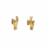 Sterling silver earrings with 18k gold plating and emerald featuring hands in peace sign