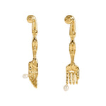 Paola Vilas earring in sterling silver with 18k gold plating in surrealist fork and knife design with natural pearls