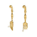 Paola Vilas earring in sterling silver with 18k gold plating in surrealist fork and knife design with natural pearls