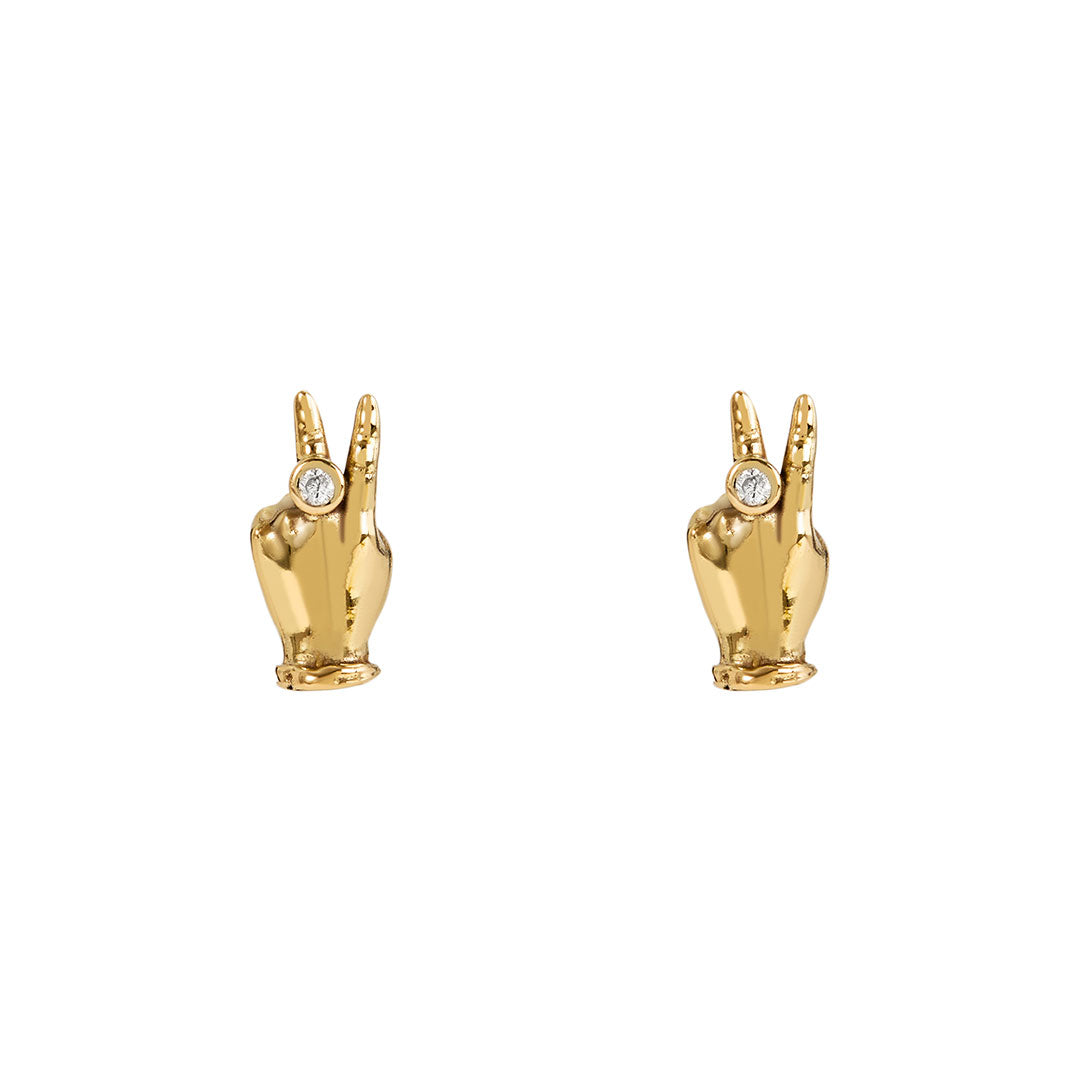 Paola Vilas earrings of hand in peace sign in 18k gold and diamonds