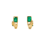 Paola Vilas 18k gold hand earrings holding rectangular emeralds