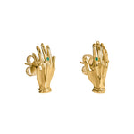 Paola Vilas sculptural hand earrings in sterling silver with 18k gold plating adorned with emeralds