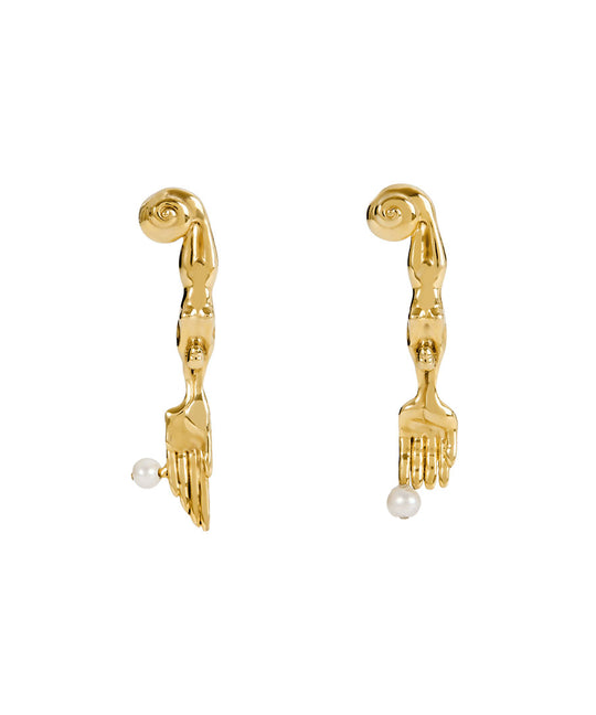 Paola Vilas 18k gold-plated sterling silver earring featuring mini surrealist fork and knife with natural pearls