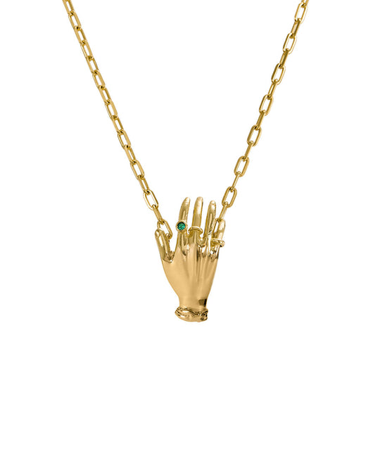 Paola Vilas necklace in sterling silver with 18k gold plating featuring a hand adorned with emerald