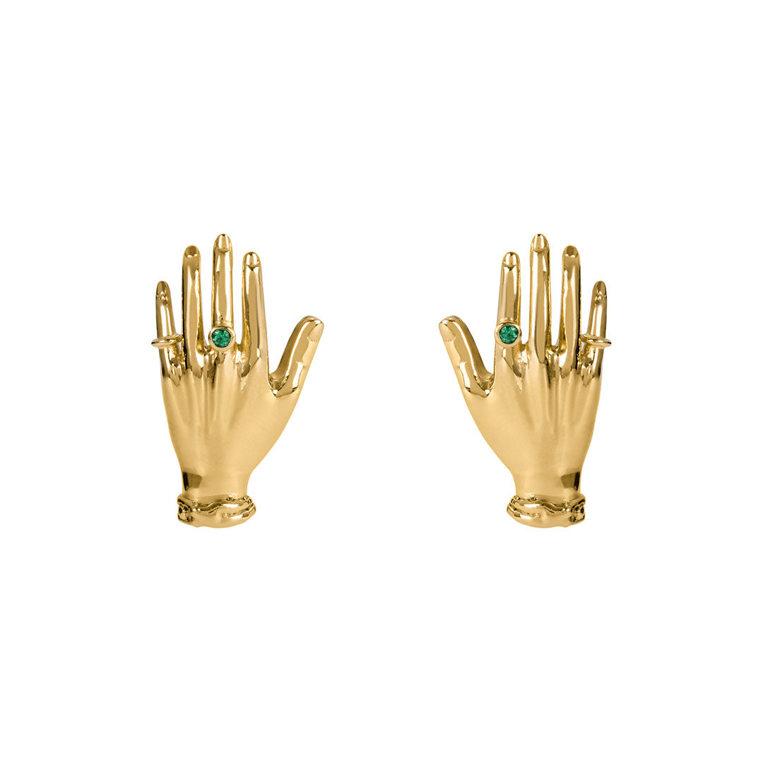 Paola Vilas earrings in sterling silver with 18k gold plating, hand design adorned with emeralds
