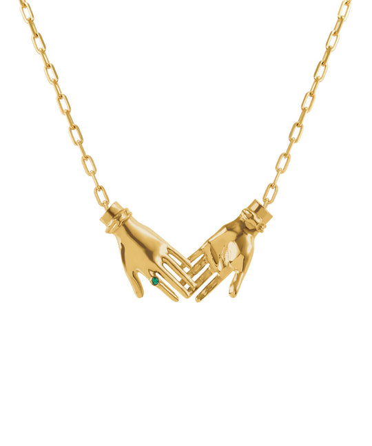 Paola Vilas joined hands necklace in sterling silver with 18k gold plating and emerald