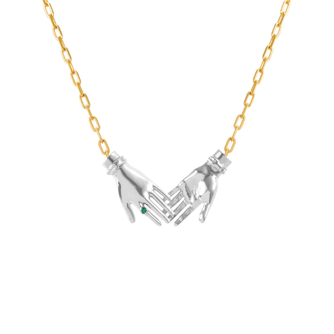 Paola Vilas joined hands necklace in sterling silver with 18k gold-plated chain and emerald
