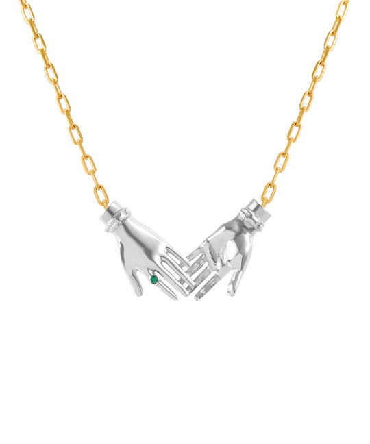 Paola Vilas joined hands necklace in sterling silver with 18k gold-plated chain and emerald
