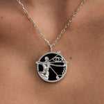 Model wearing Sagittarius zodiac necklace in sterling silver