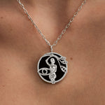 Model wearing Virgo zodiac necklace in sterling silver