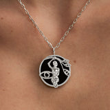 Model wearing Virgo zodiac necklace in sterling silver
