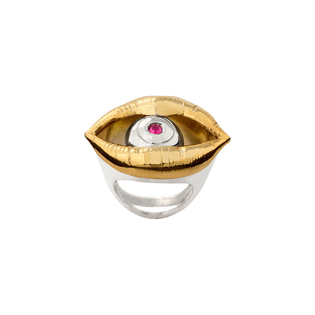 Sterling silver ring with 18k gold plating of a mouth and eye with a ruby