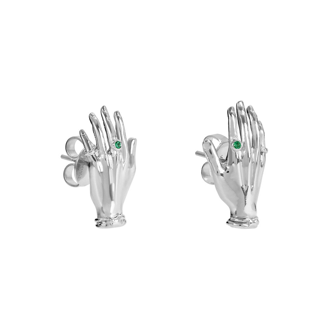 Paola Vilas sculptural hand earrings in sterling silver adorned with emeralds