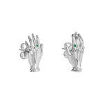 Paola Vilas sculptural hand earrings in sterling silver adorned with emeralds