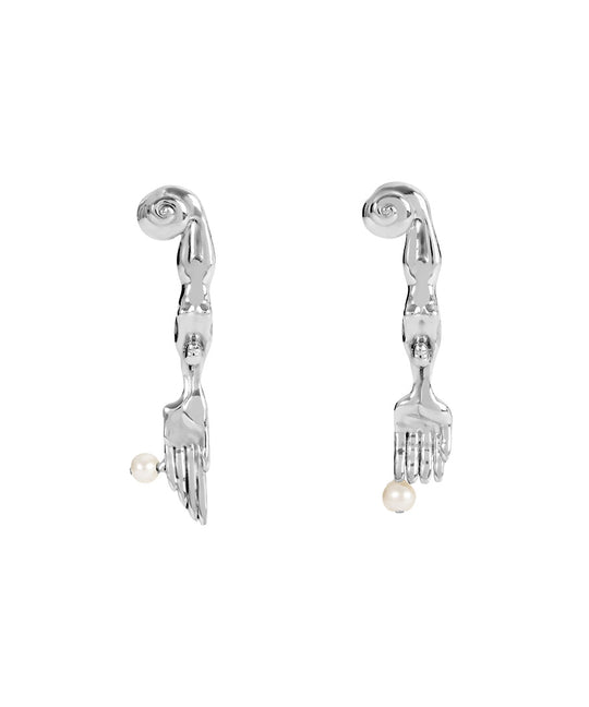 Paola Vilas mini surrealist fork and knife earring in sterling silver with natural pearls