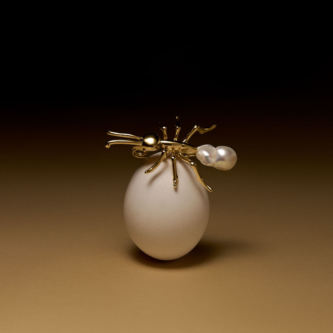 Large ant pendant and brooch in sterling silver with 18k gold plating and baroque pearl
