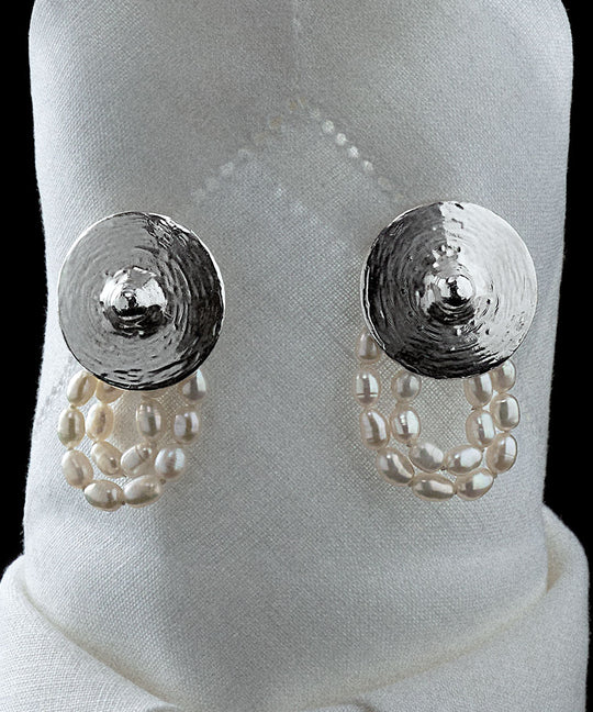 Sterling silver nipple earring with strands of natural pearls